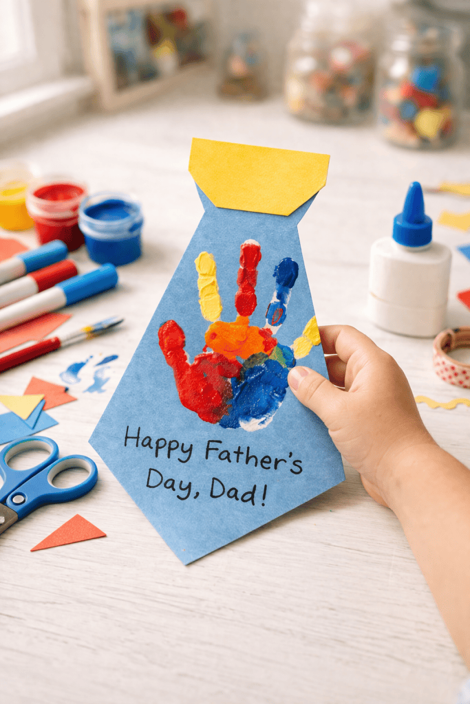 A colorful paper tie-shaped card lies on the table, made from construction paper or cardstock