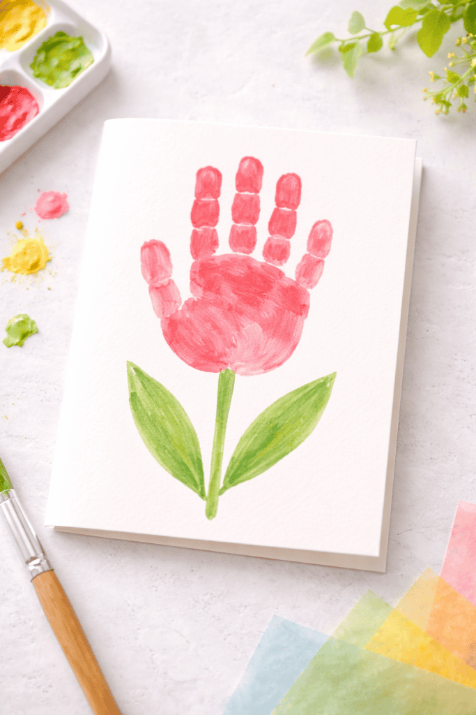 a handmade handprint tulip card crafted by a child.