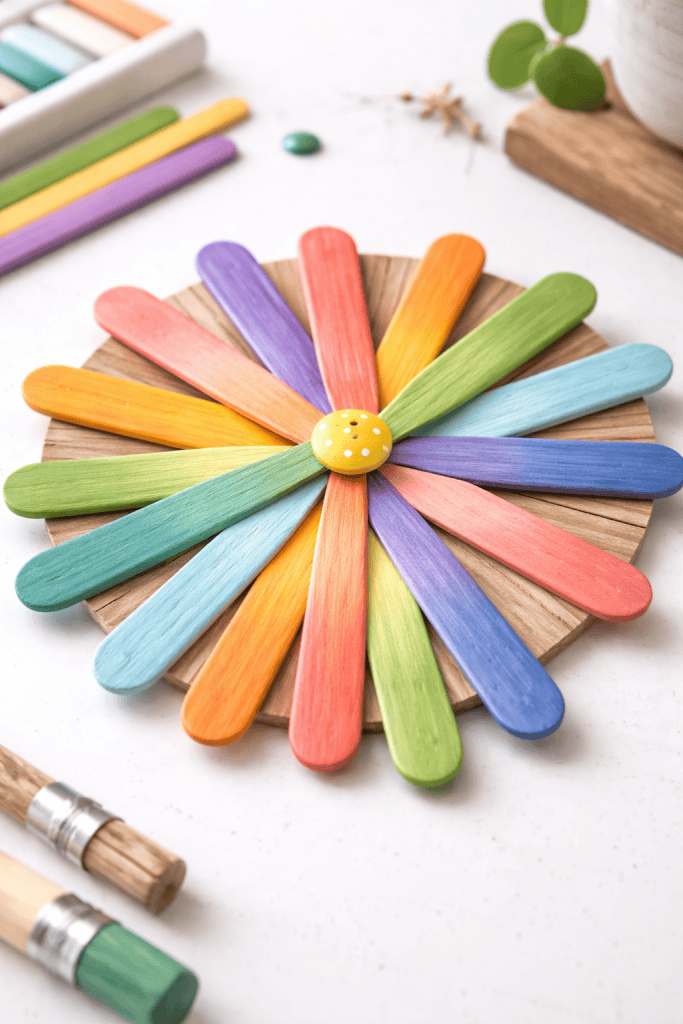 a handmade ice cream stick windmill (pinwheel-style) decor placed on a clean, bright white table.
