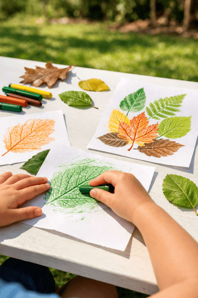 kids making leaf rubbings with crayons on paper using fresh leaves outdoors