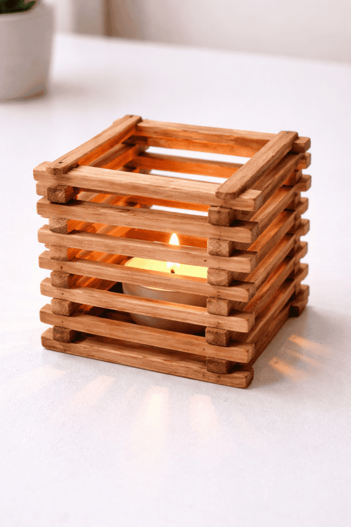 a handmade mini ice cream stick lantern (candle holder) resting on a clean white table.