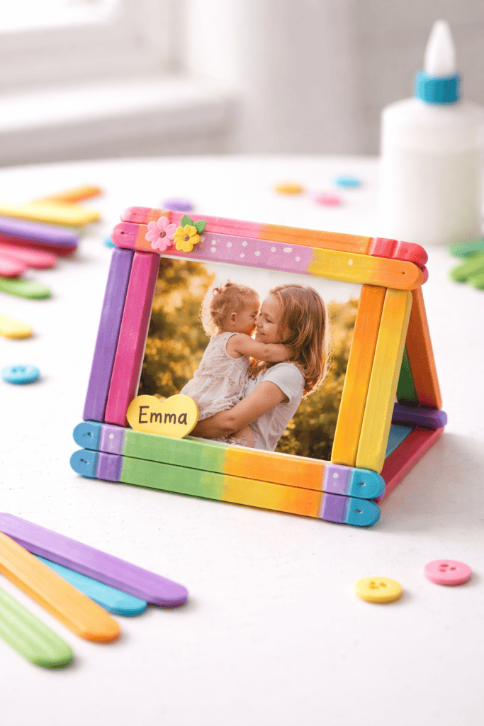 a mini ice cream stick photo frame placed on a bright white table
