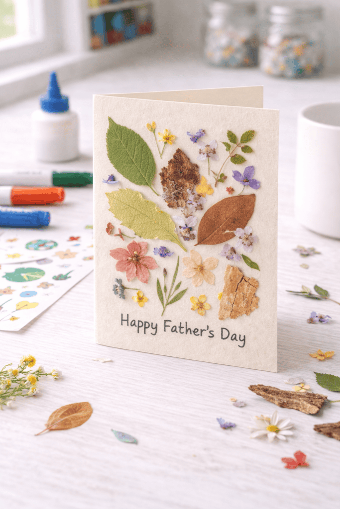 A handmade cardstock card decorated with a delicate collage of real natural materials - pressed leaves, small flowers, petals, and subtle bark textures.