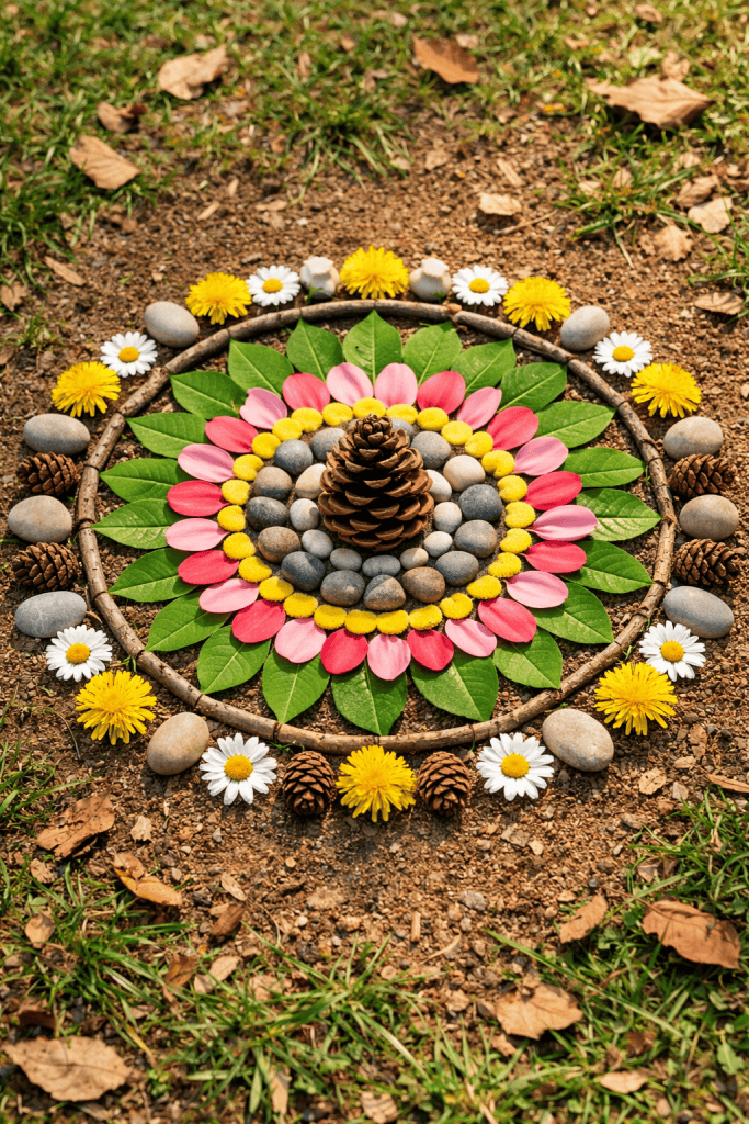 colorful nature mandala made with leaves, flowers, stones, and pinecones on the ground