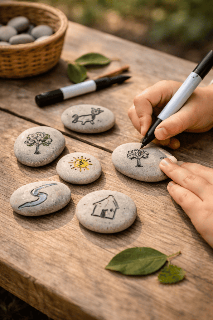 child drawing a tree symbol on a smooth pebble while creating handmade story stones for outdoor storytelling play