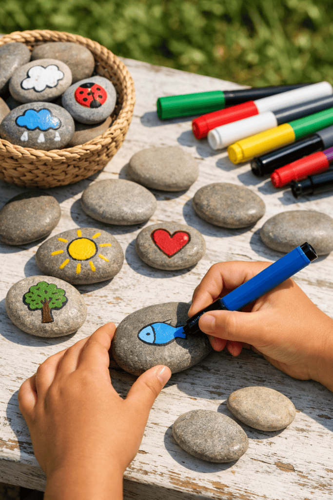 kids painting simple pictures on smooth rocks with colorful markers outdoors