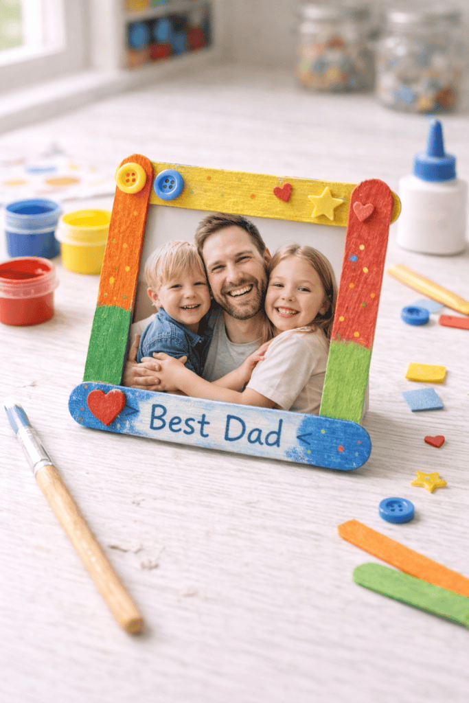 A handmade photo frame crafted from popsicle sticks