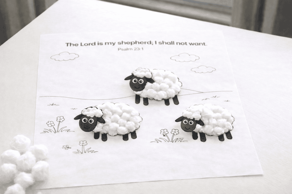 Cotton ball sheep craft with heads attached on a Psalm 23 printable Bible activity sheet.
