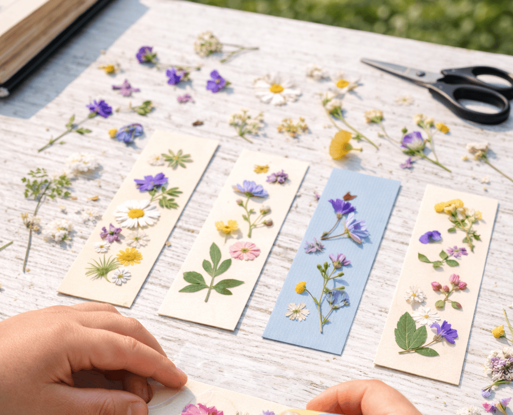 kids making pressed flower bookmarks with dried flowers and tape on cardstock