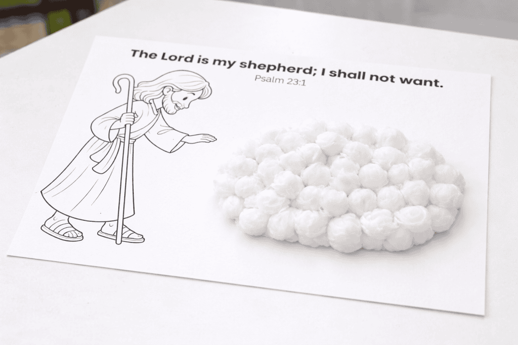 Psalm 23 sheep craft template with cotton balls glued onto the sheep’s body to create fluffy wool beside a shepherd illustration.