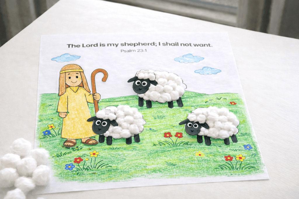 Finished Psalm 23 shepherd and sheep craft with cotton ball sheep on a colored Bible activity page.