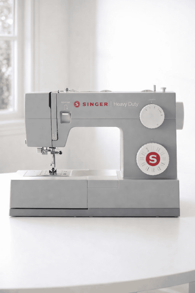 Singer Heavy Duty sewing machine on white table near window