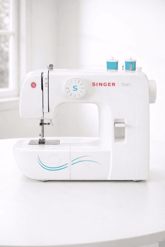 Singer Start 1304 beginner sewing machine on white table near window