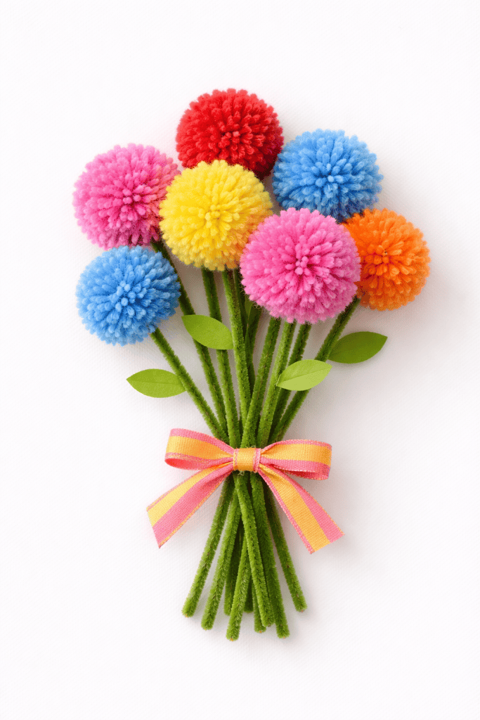 a handmade Mother’s Day flower bundle made from colorful yarn pom-poms, crafted by a child.