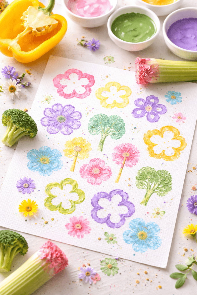 a spring-themed vegetable and nature printing craft made by children