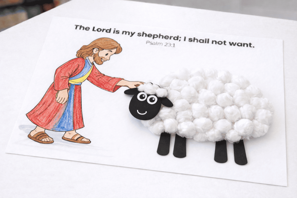 Completed Psalm 23 sheep craft with cotton ball wool next to a colored shepherd illustration on a printable Bible activity page.