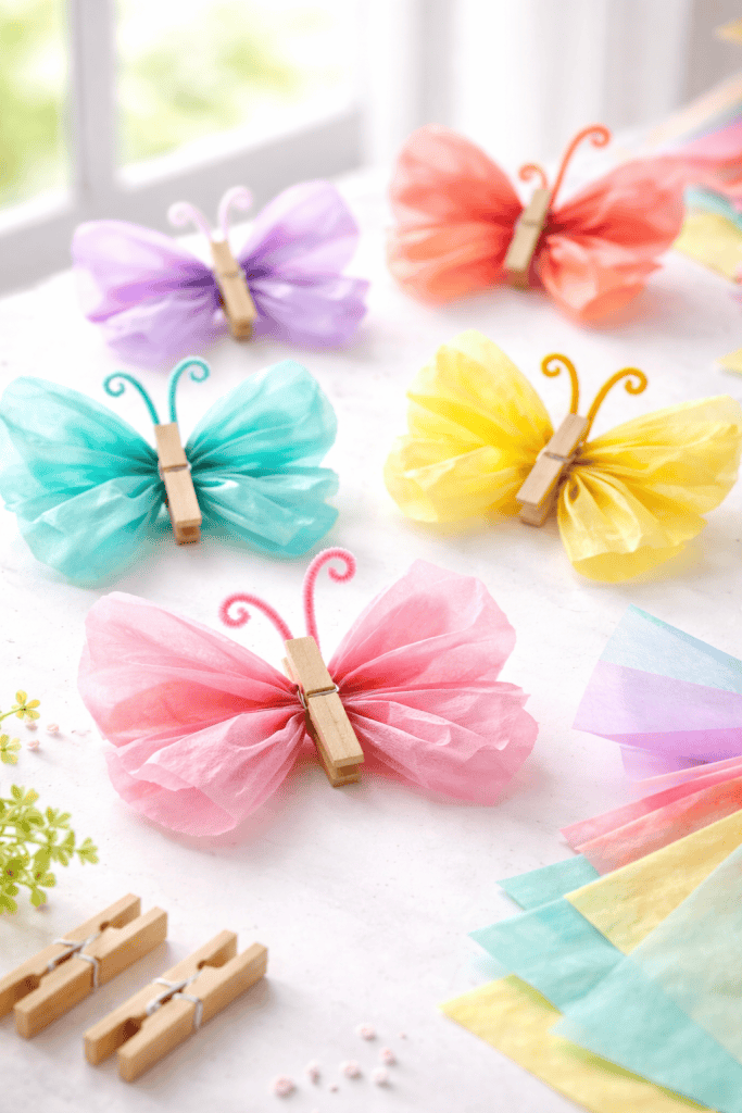colorful handmade tissue paper butterflies crafted by kids