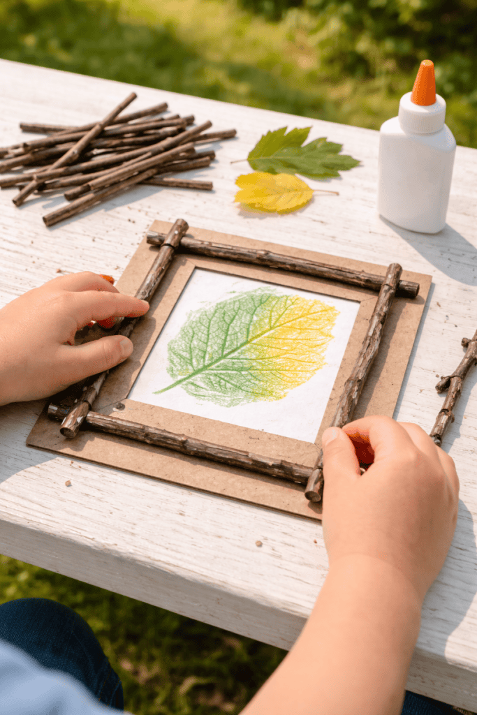 child making a DIY nature frame with sticks around a leaf rubbing artwork