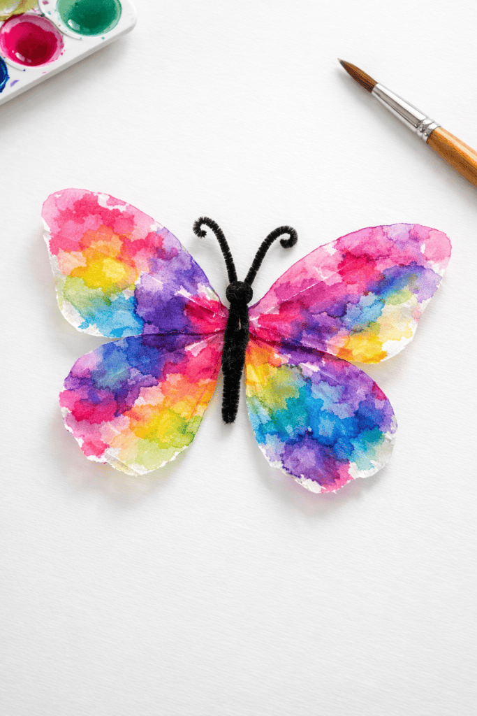 Handmade wax paper butterfly with vibrant watercolor blends on a white table