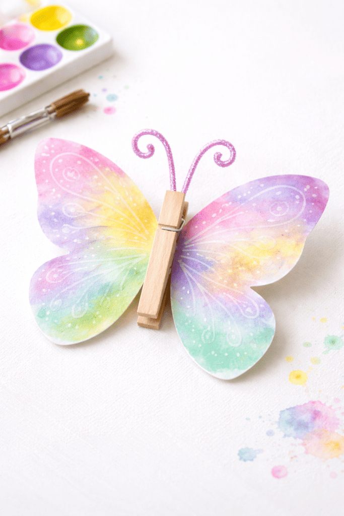 a handmade “watercolor resist butterfly wings” craft for kids.