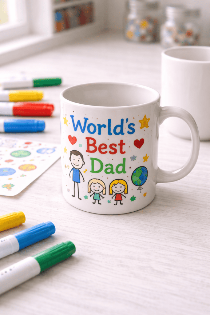 A plain white ceramic mug is the central focus, decorated with colorful, childlike drawings and text such as “World’s Best Dad.”