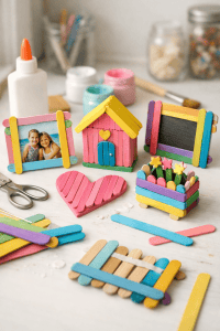 a cute DIY ice cream stick craft setup on a clean white table in a bright crafting area.