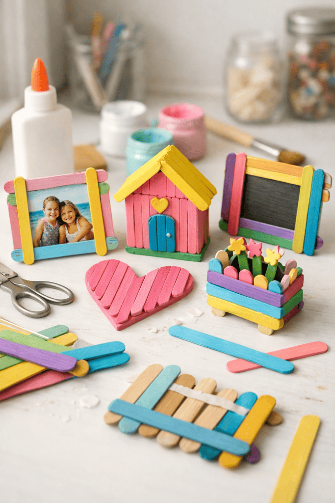 a cute DIY ice cream stick craft setup on a clean white table in a bright crafting area.