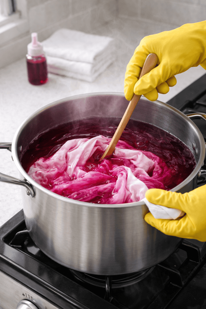 fabric being added to a hot dye bath during a home fabric dyeing process
