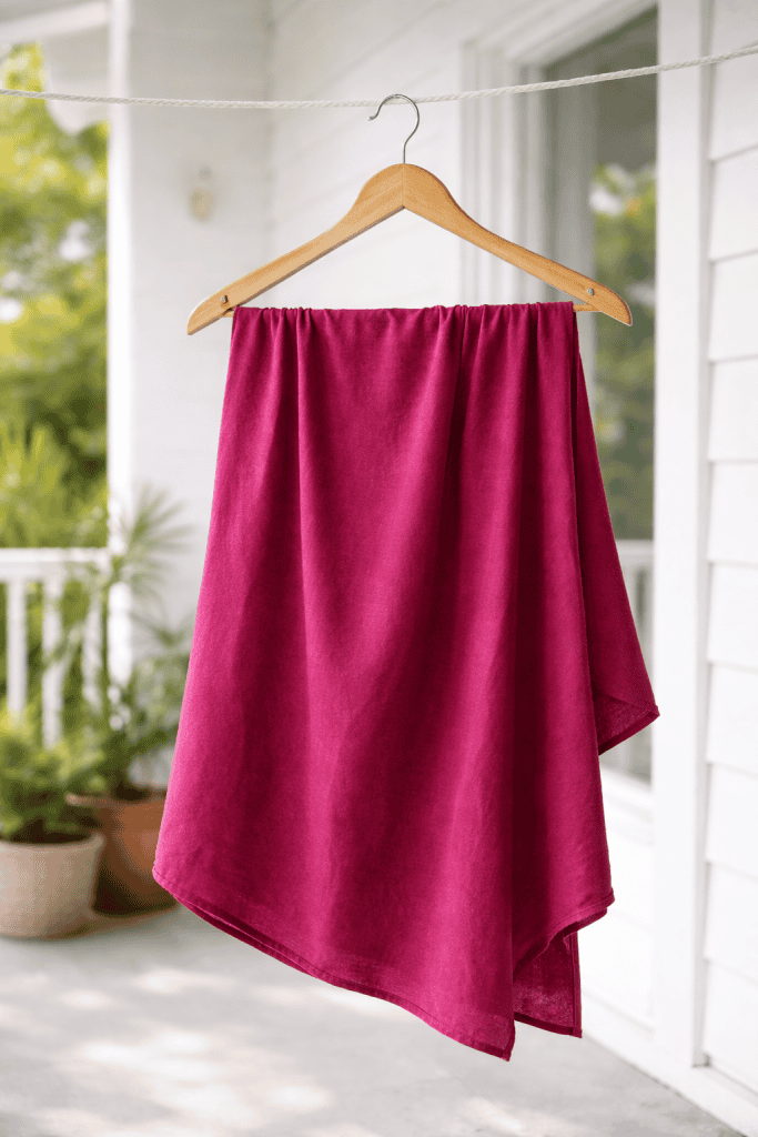 A piece of dyed cotton fabric hanging on a wooden hanger attached to a simple outdoor clothesline or hook near the exterior of a home