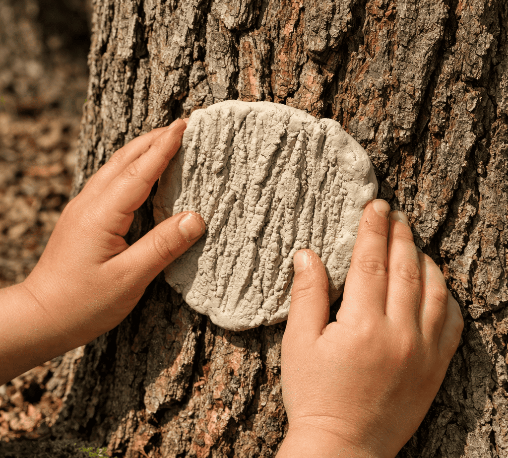 child pressing soft air-dry clay against textured tree bark to create a bark imprint during a forest nature craft activity