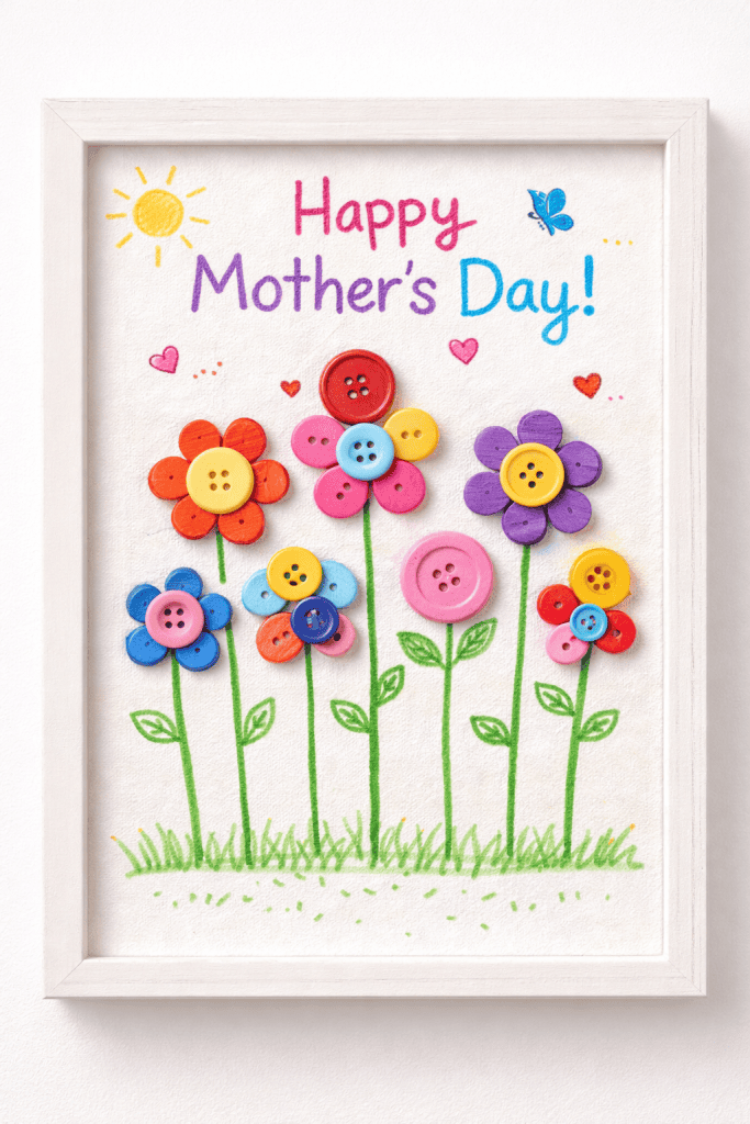 a child-made Mother’s Day button flower artwork on frame