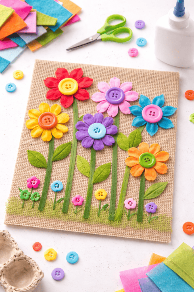 Kids’ button flower garden collage with colorful buttons, felt petals, and pipe cleaner stems on textured fabric