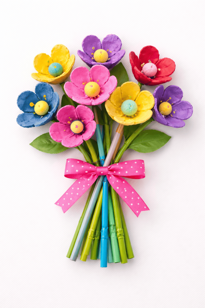 a handmade Mother’s Day bouquet made from painted egg carton flowers