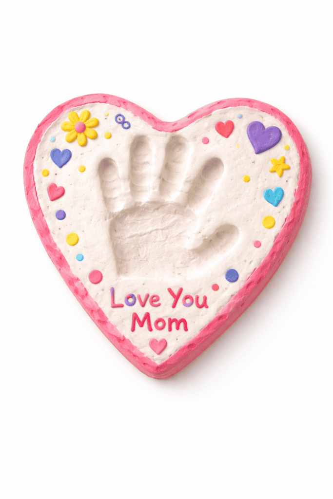 Handmade clay heart keepsake with a child’s handprint, colorful painted details, and “Love You Mom” message on a clean white background