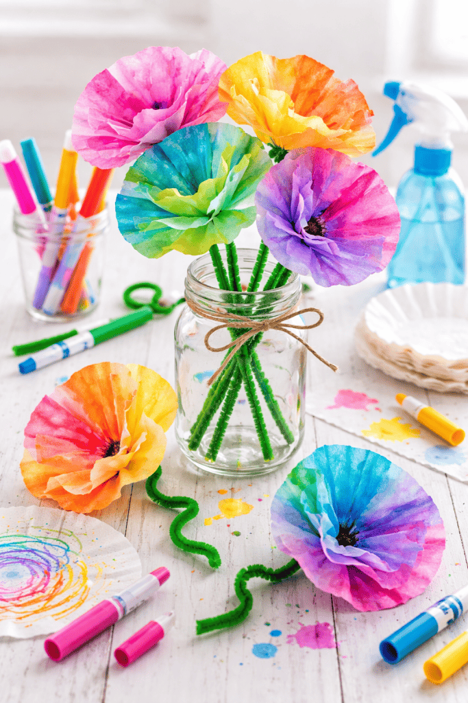 colorful coffee filter flowers crafted by kids