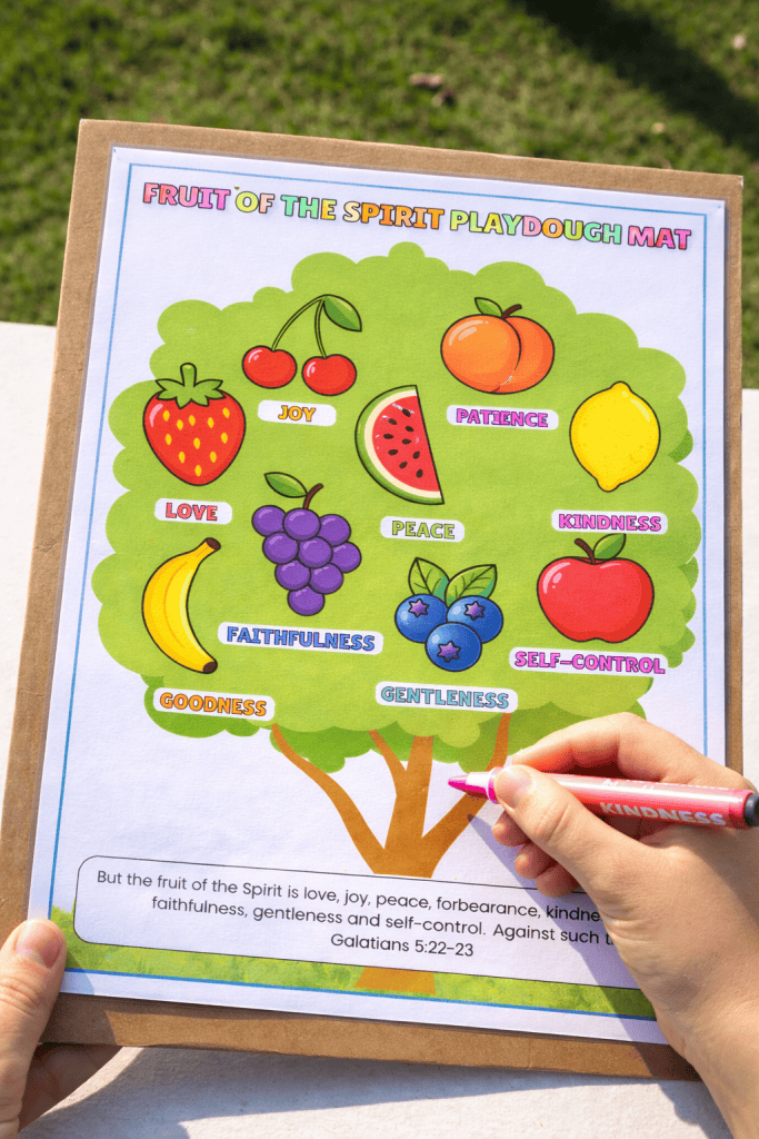 child coloring a fruit of the spirit playdough mat with labeled fruits from Galatians 5:22–23 mounted on cardboard outdoors