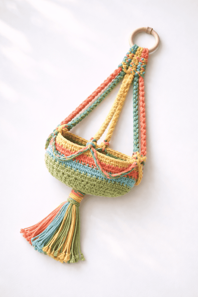 a handmade crochet plant hanger laid flat on a clean white table