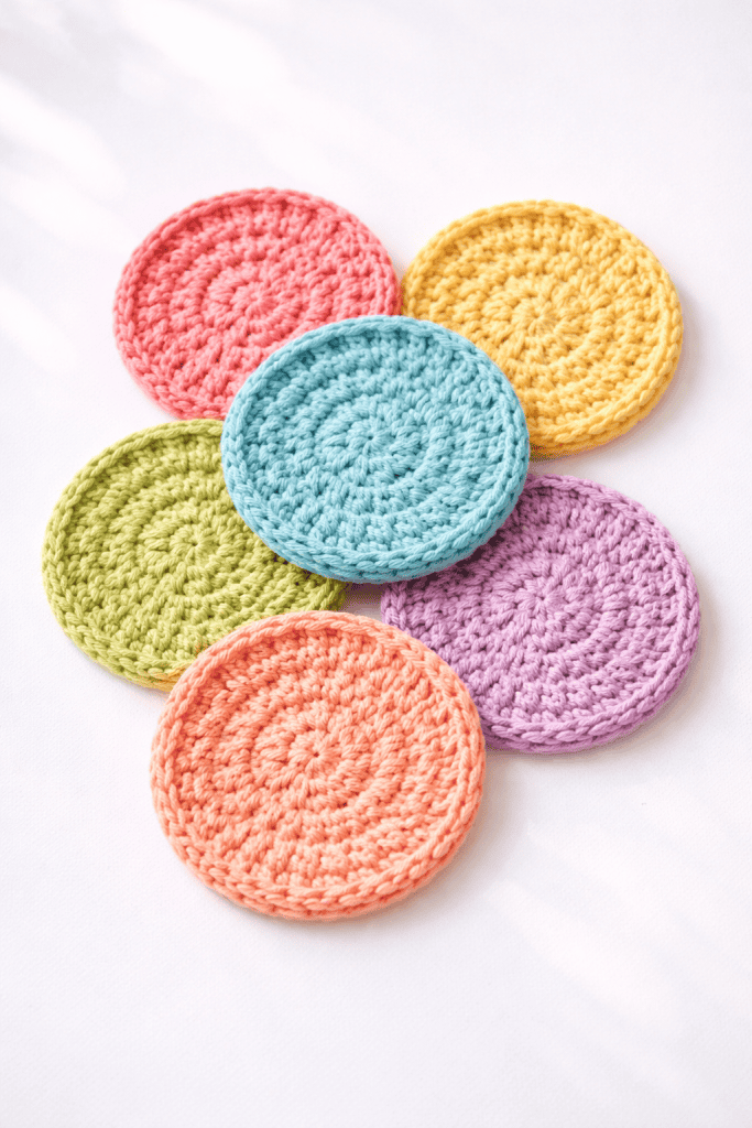 handmade crochet coasters laid flat on a clean white table