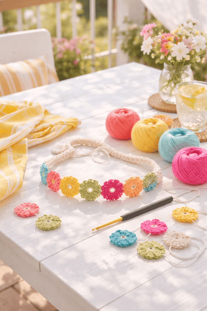 A handmade crochet flower headband