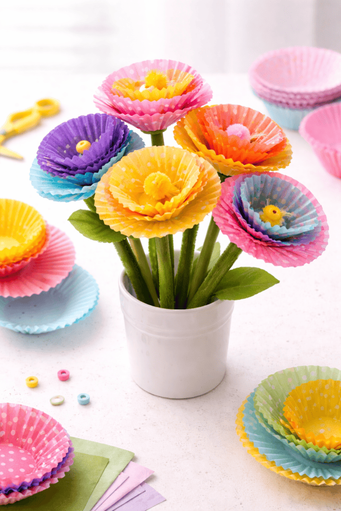 Cupcake liner flower bouquet with colorful layered petals and fuzzy green pipe cleaner stems in a white vase