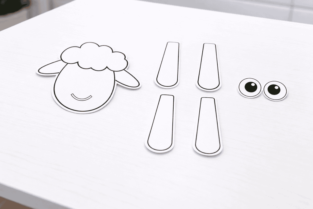 Printable sheep craft pieces including sheep head, four legs, and cartoon eyes laid out on a white table before assembly.