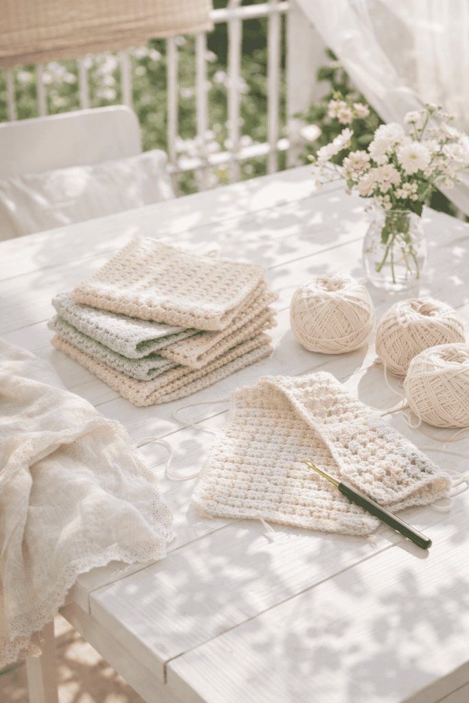 handmade crochet dishcloths and washcloths in soft pastel and neutral cotton yarns