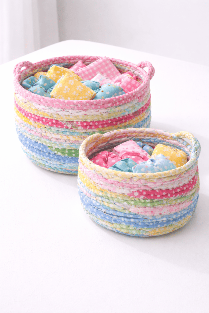 Colorful fabric-wrapped rope baskets