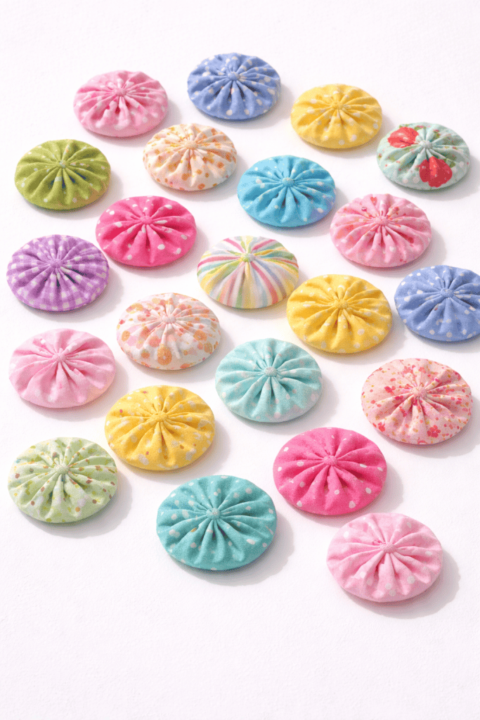 Colorful fabric yo-yos made from scrap fabric pieces in various pastel patterns arranged on a white surface.