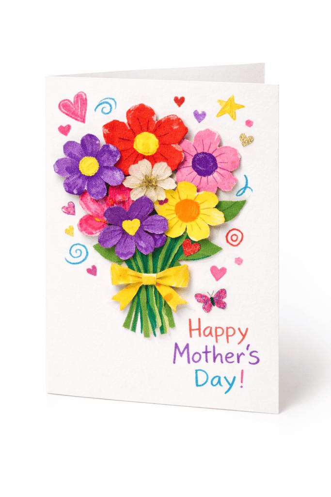 Handmade Mother’s Day card folded in half, decorated with colorful childlike paper flowers, doodles, and a bright “Happy Mother’s Day”