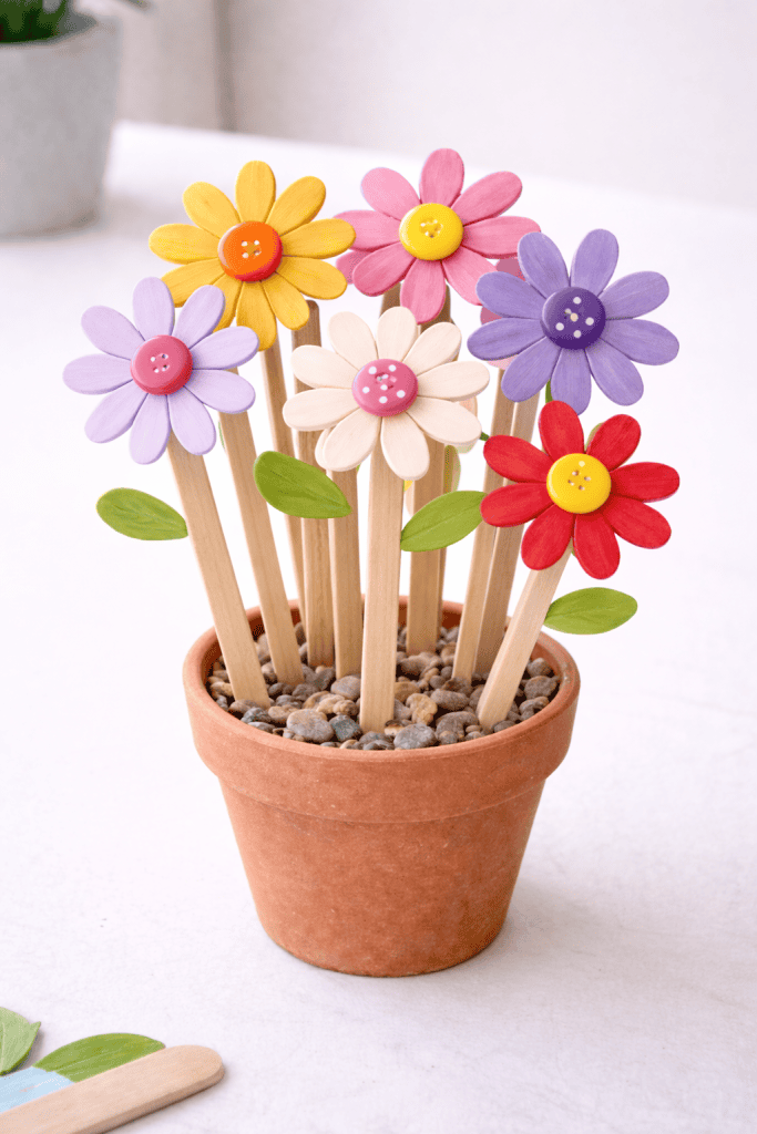 a handmade ice cream stick flower bouquet displayed on a clean white table