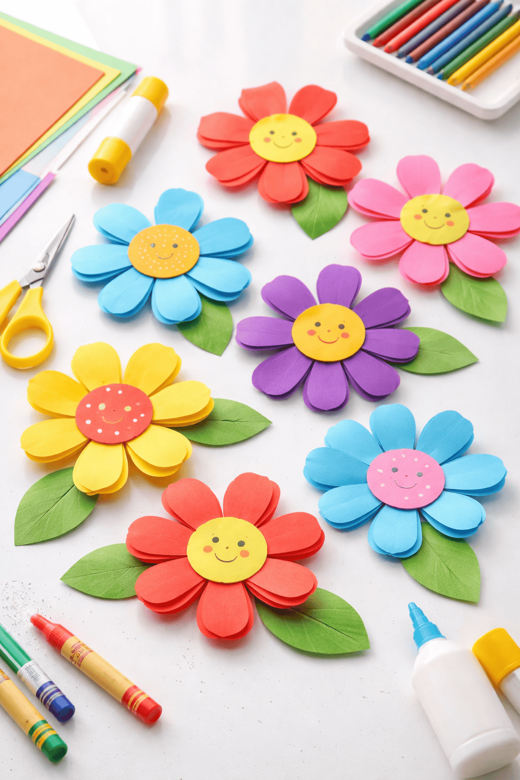 a colorful kids’ flower craft made from vibrant paper materials