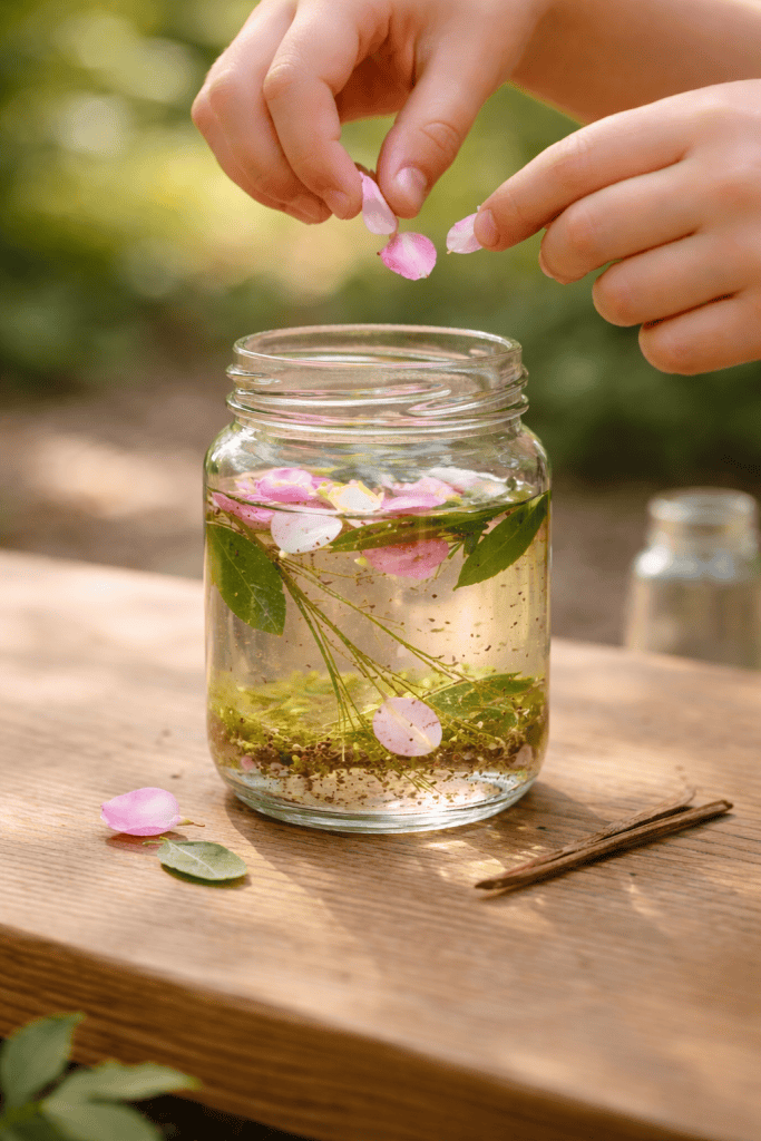 child dropping flower petals into a clear glass jar to create a forest potion bottle during outdoor nature play