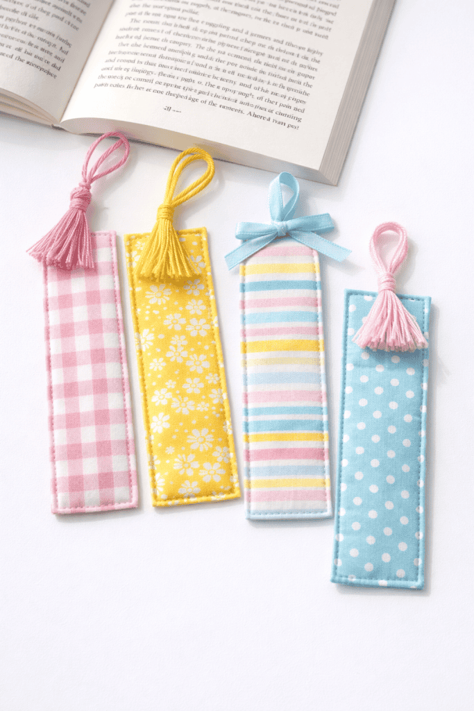 Four handmade fabric bookmarks with tassels and ribbon loops in pastel patterns placed beside an open book on a white surface.
