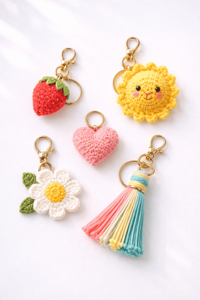 handmade crochet keychains and bag charms laid flat on a clean white table